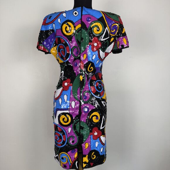Vintage 80s Laurence Kazar Silk Beaded Sequin Dress | Abstract Geometric Sheath - Picture 8 of 14